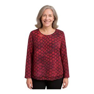 New Direction Womens Slit Sleeve Blouse~Size Small~Red Black Reptile Print L6 12